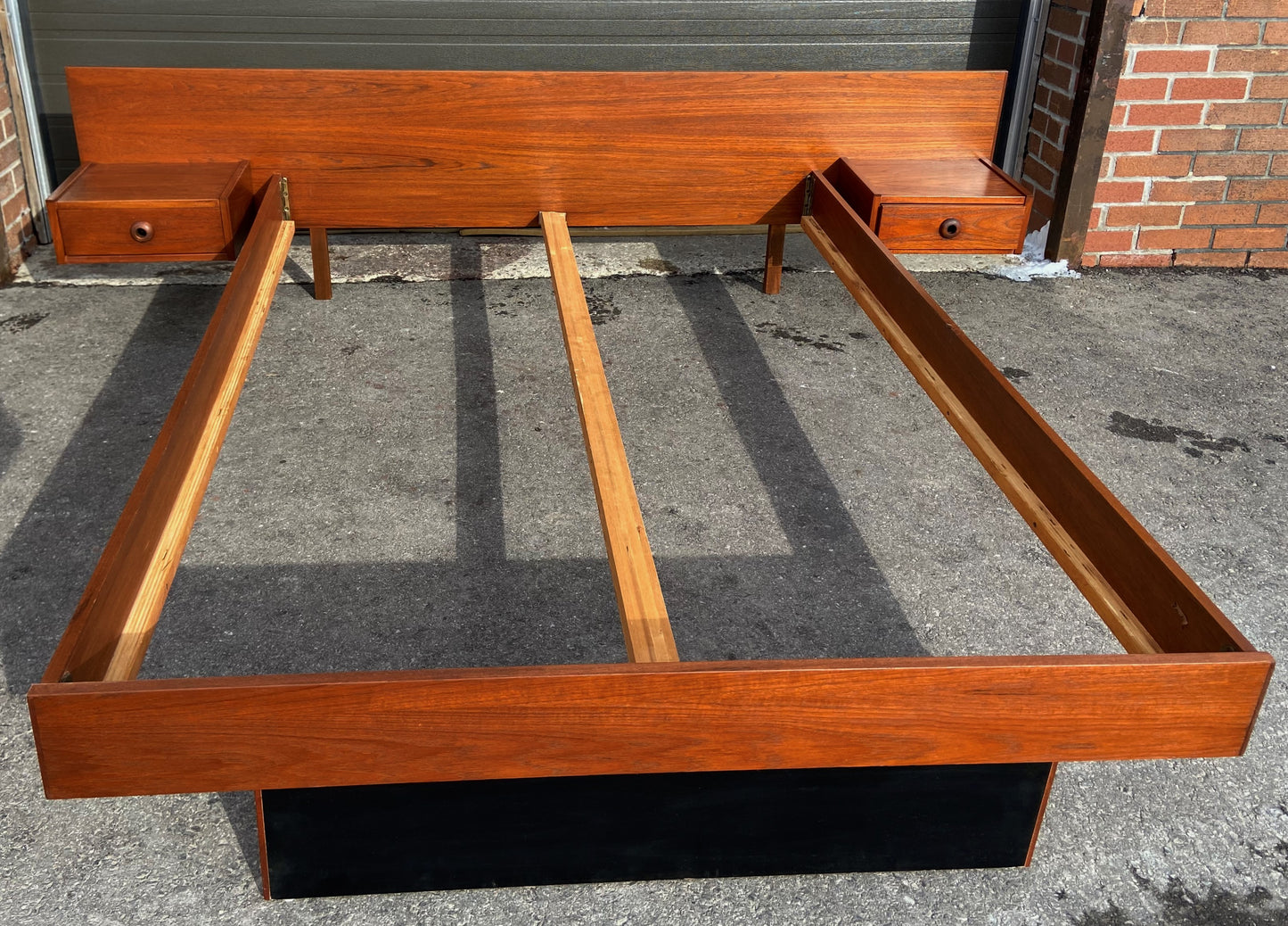 REFINISHED Mid Century Modern Teak Bed w floating nightstands Double