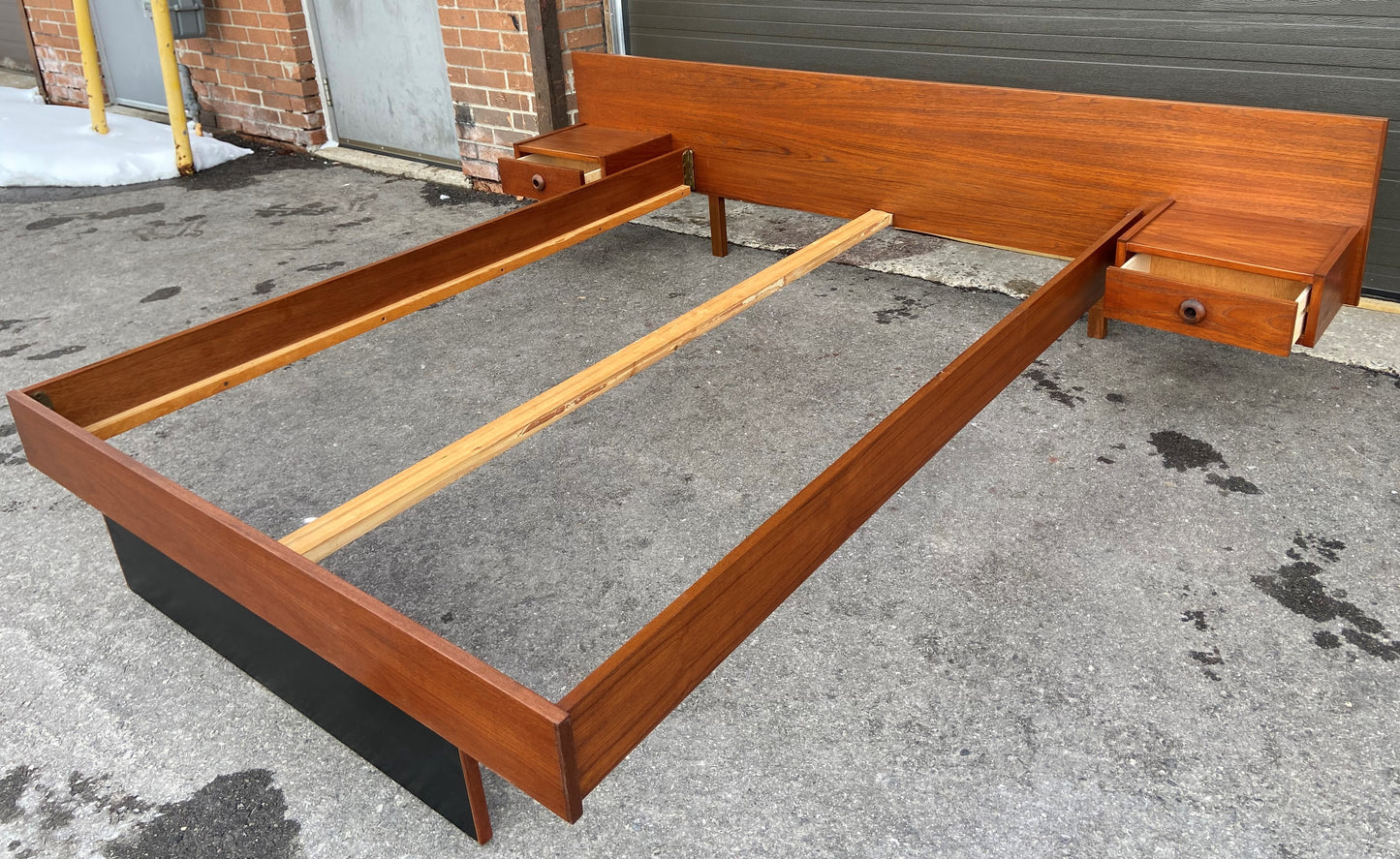 REFINISHED Mid Century Modern Teak Bed w floating nightstands Double