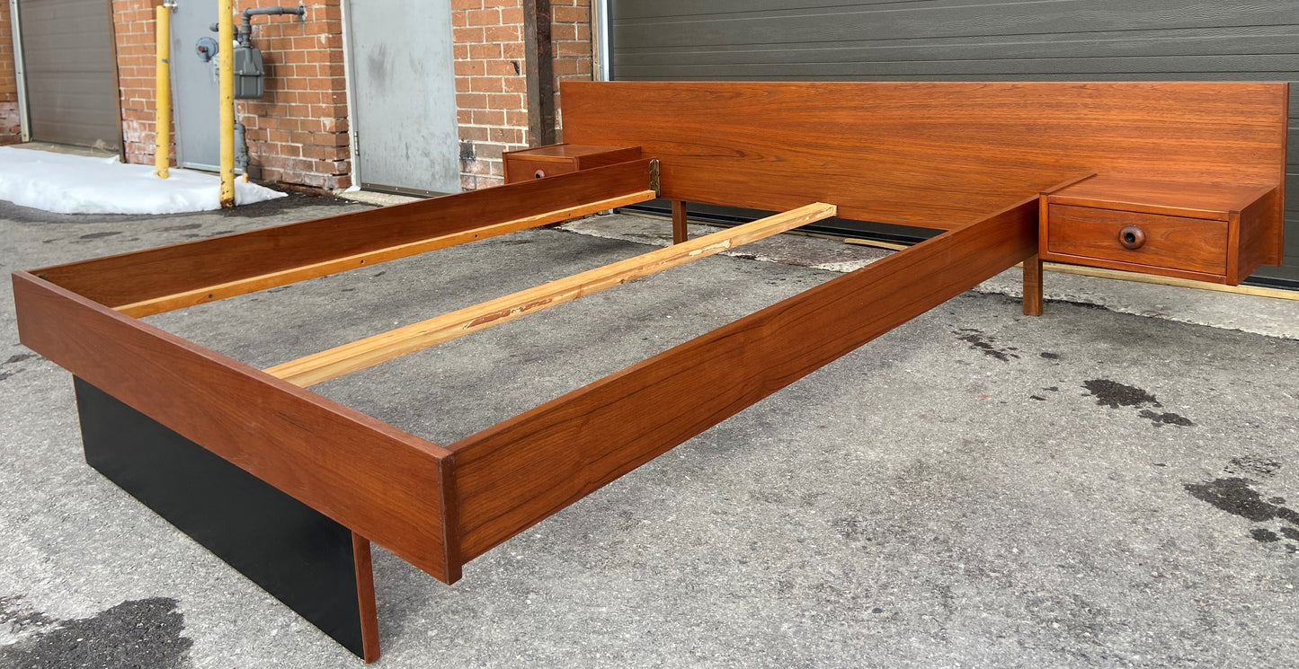 REFINISHED Mid Century Modern Teak Bed w floating nightstands Double