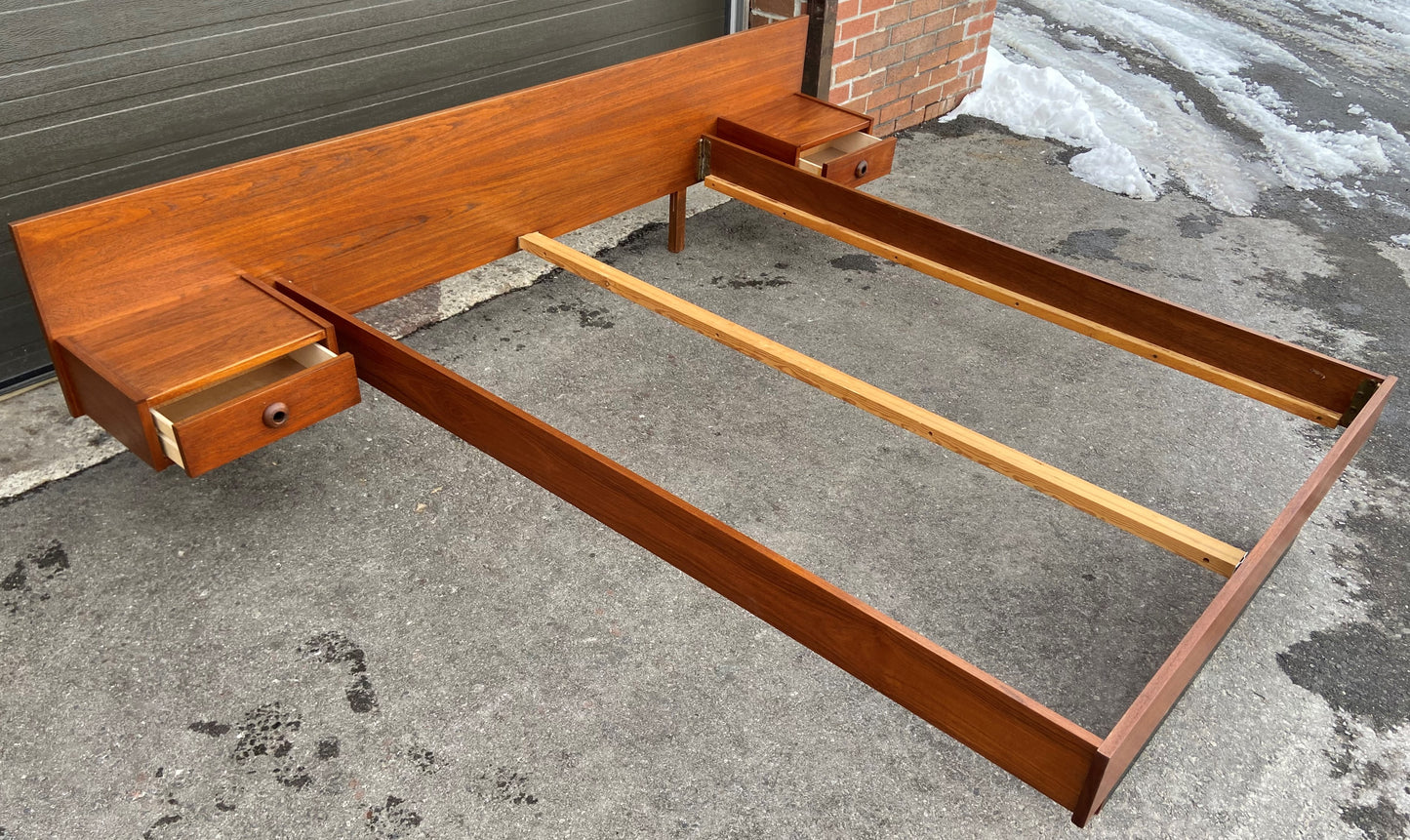 REFINISHED Mid Century Modern Teak Bed w floating nightstands Double