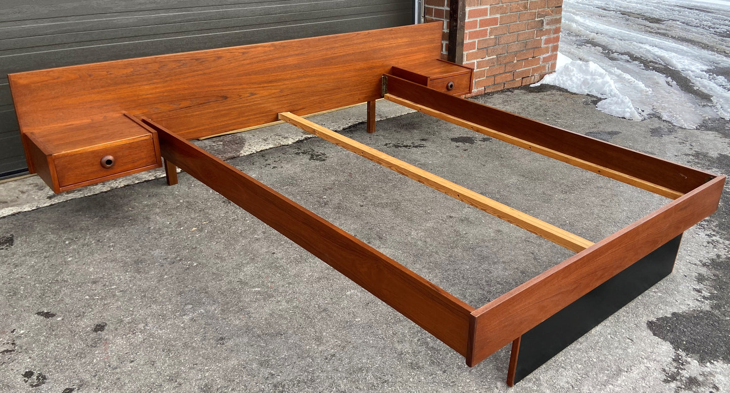 REFINISHED Mid Century Modern Teak Bed w floating nightstands Double