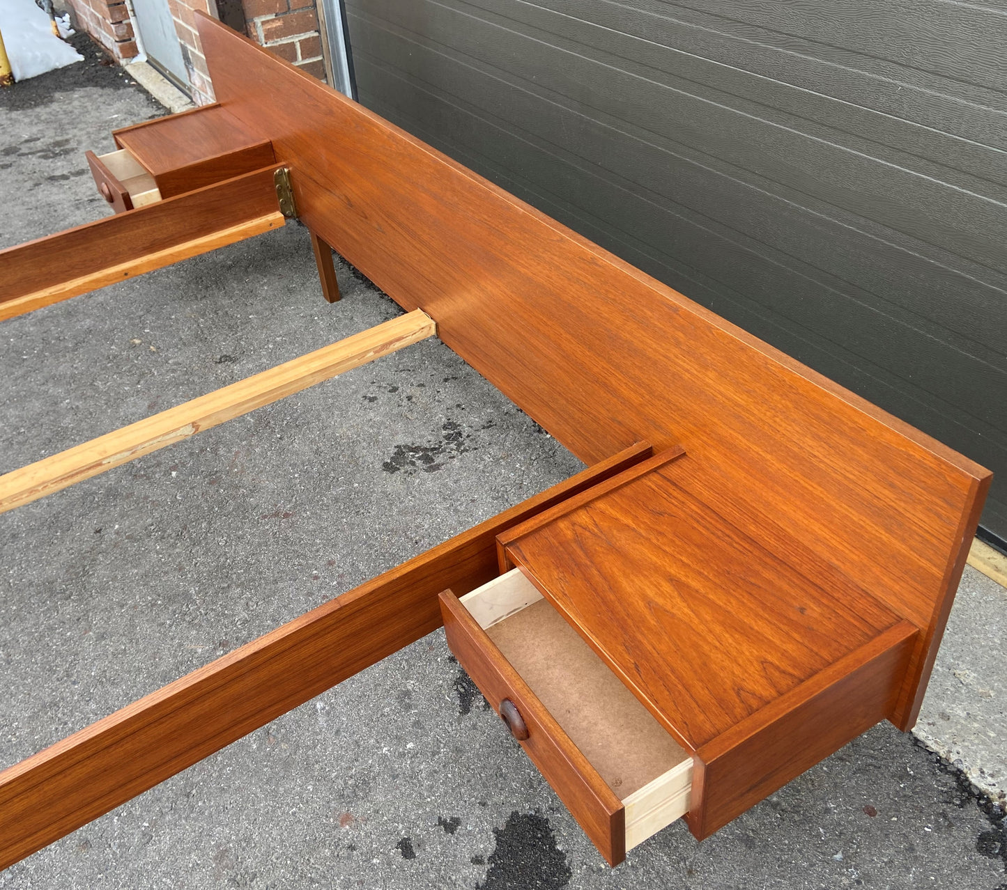 REFINISHED Mid Century Modern Teak Bed w floating nightstands Double