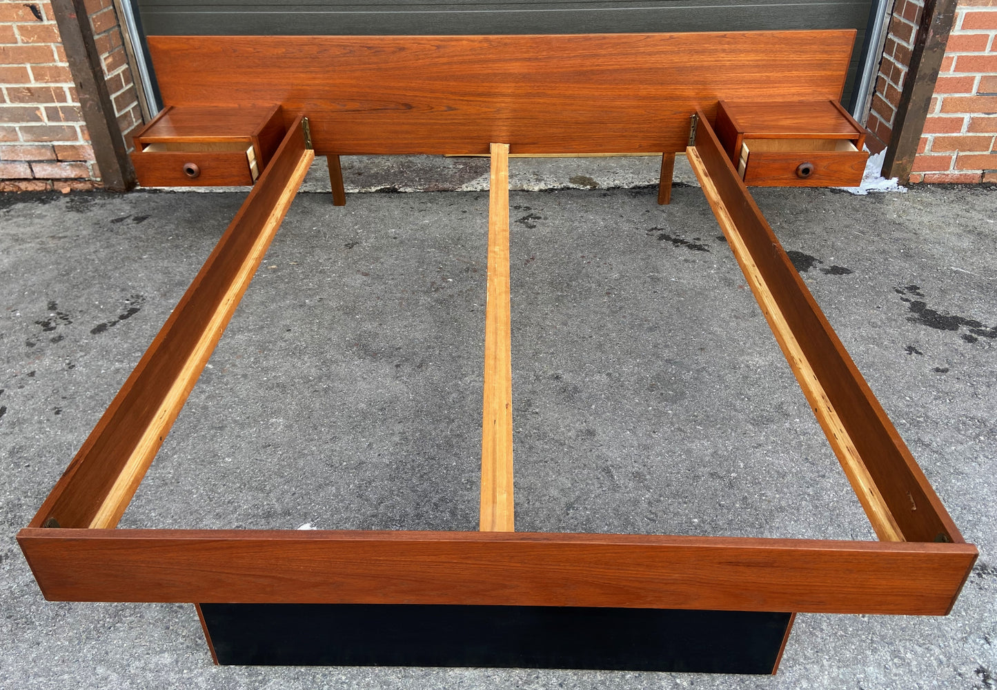 REFINISHED Mid Century Modern Teak Bed w floating nightstands Double