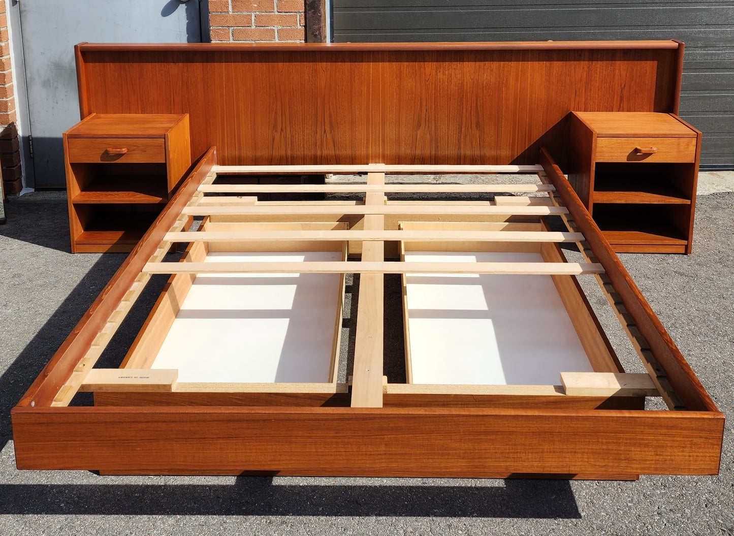 REFINISHED Queen Mid Century Modern Teak Bed w nightstands & 2 storage drawers