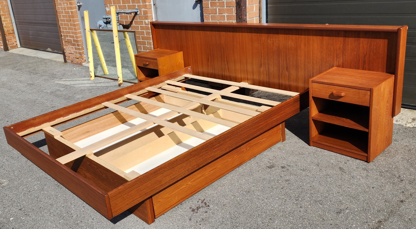 REFINISHED Queen Mid Century Modern Teak Bed w nightstands & 2 storage drawers