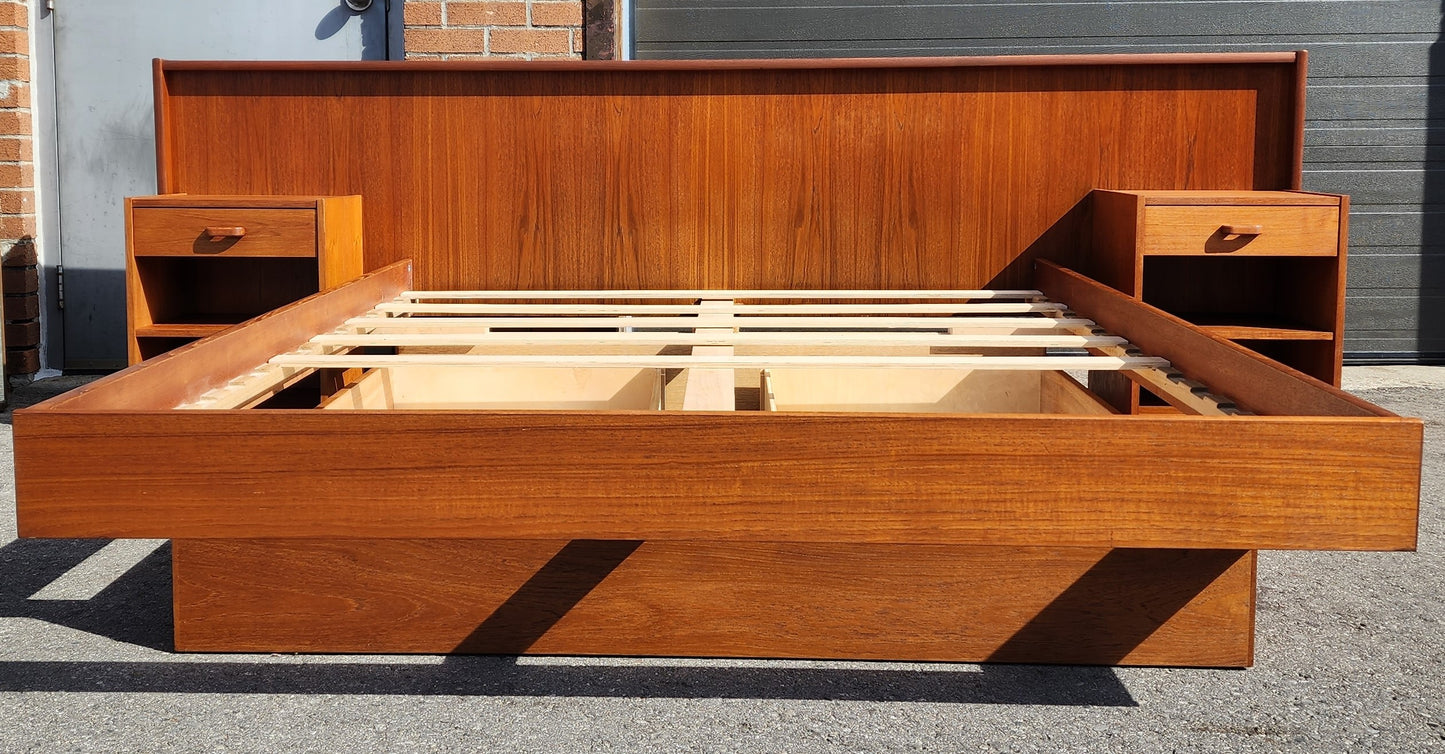 REFINISHED Queen Mid Century Modern Teak Bed w nightstands & 2 storage drawers