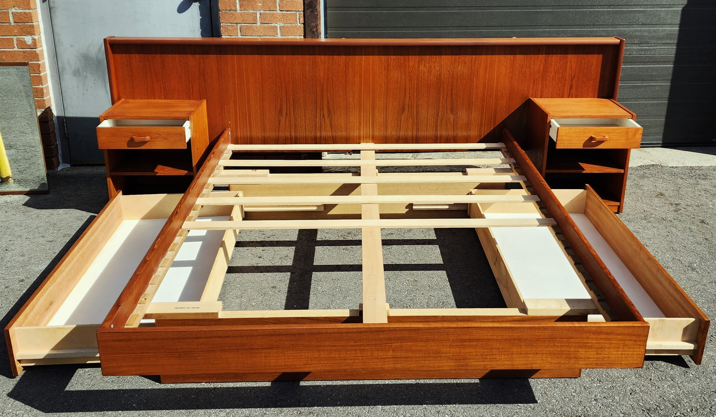 REFINISHED Queen Mid Century Modern Teak Bed w nightstands & 2 storage drawers