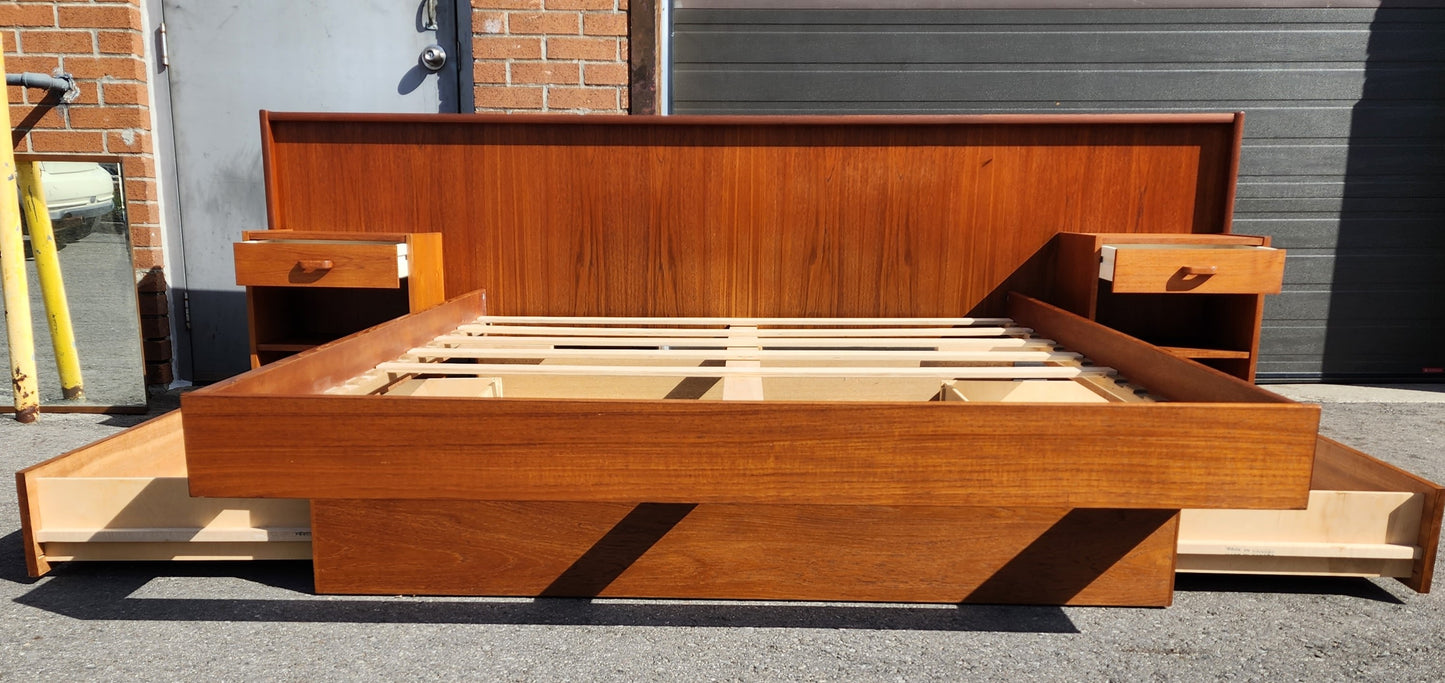 REFINISHED Queen Mid Century Modern Teak Bed w nightstands & 2 storage drawers