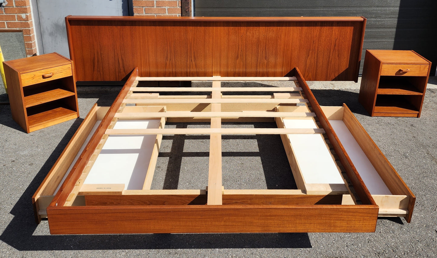 REFINISHED Queen Mid Century Modern Teak Bed w nightstands & 2 storage drawers