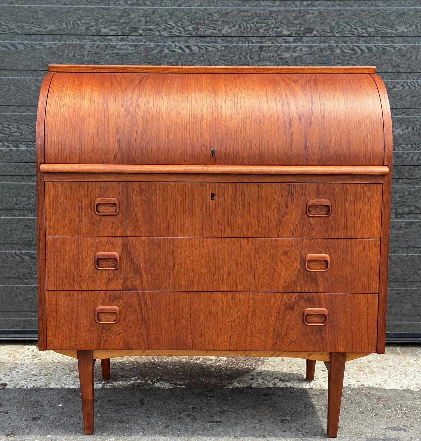 REFINISHED Swedish Mid Century Modern Teak Roll Top Secretary Desk 35", Perfect