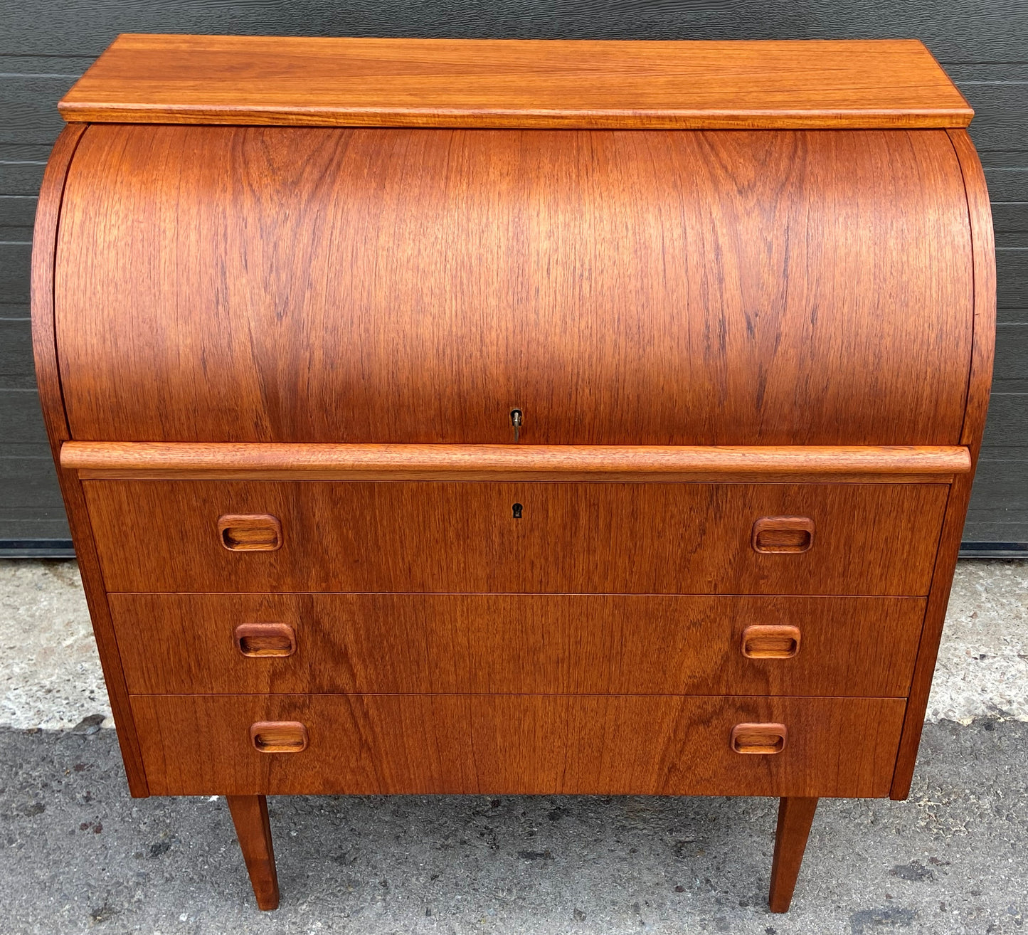 REFINISHED Swedish Mid Century Modern Teak Roll Top Secretary Desk 35", Perfect