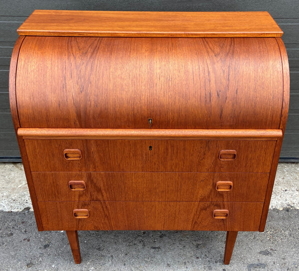 REFINISHED Swedish Mid Century Modern Teak Roll Top Secretary Desk 35", Perfect