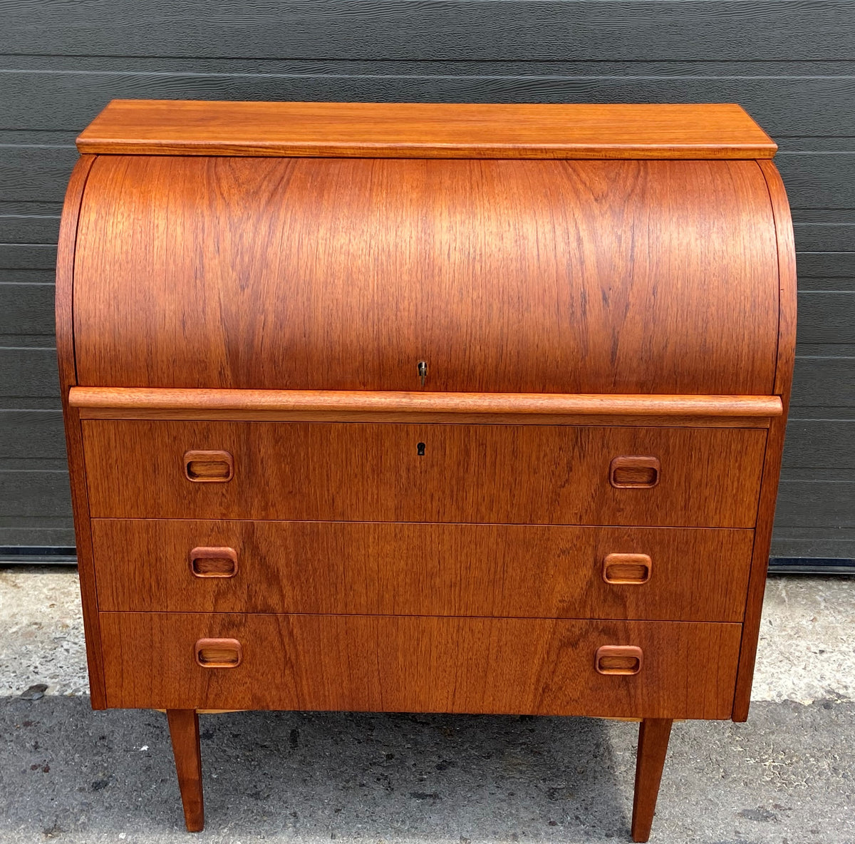 REFINISHED Swedish Mid Century Modern Teak Roll Top Secretary Desk 35