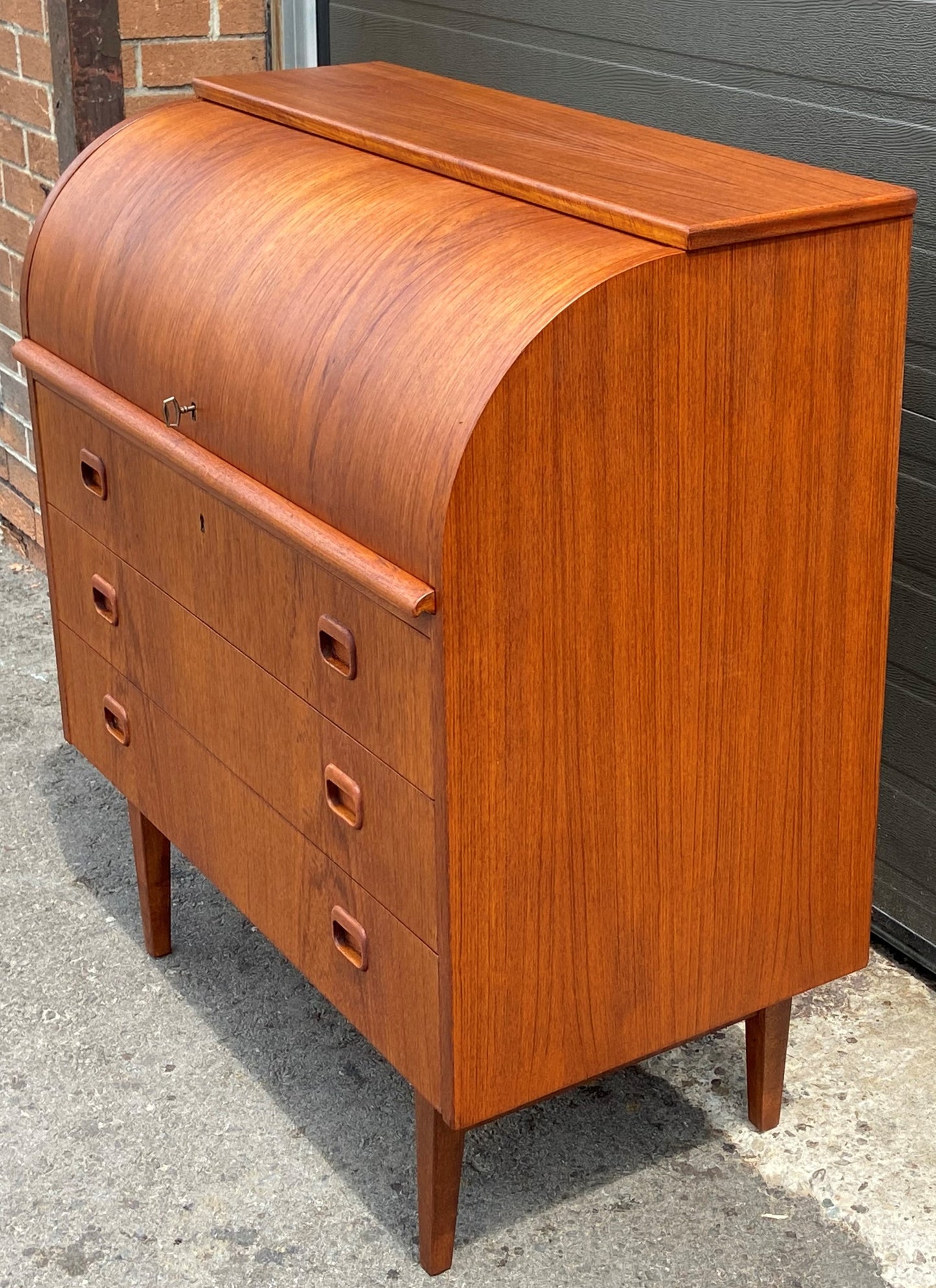 REFINISHED Swedish Mid Century Modern Teak Roll Top Secretary Desk 35", Perfect