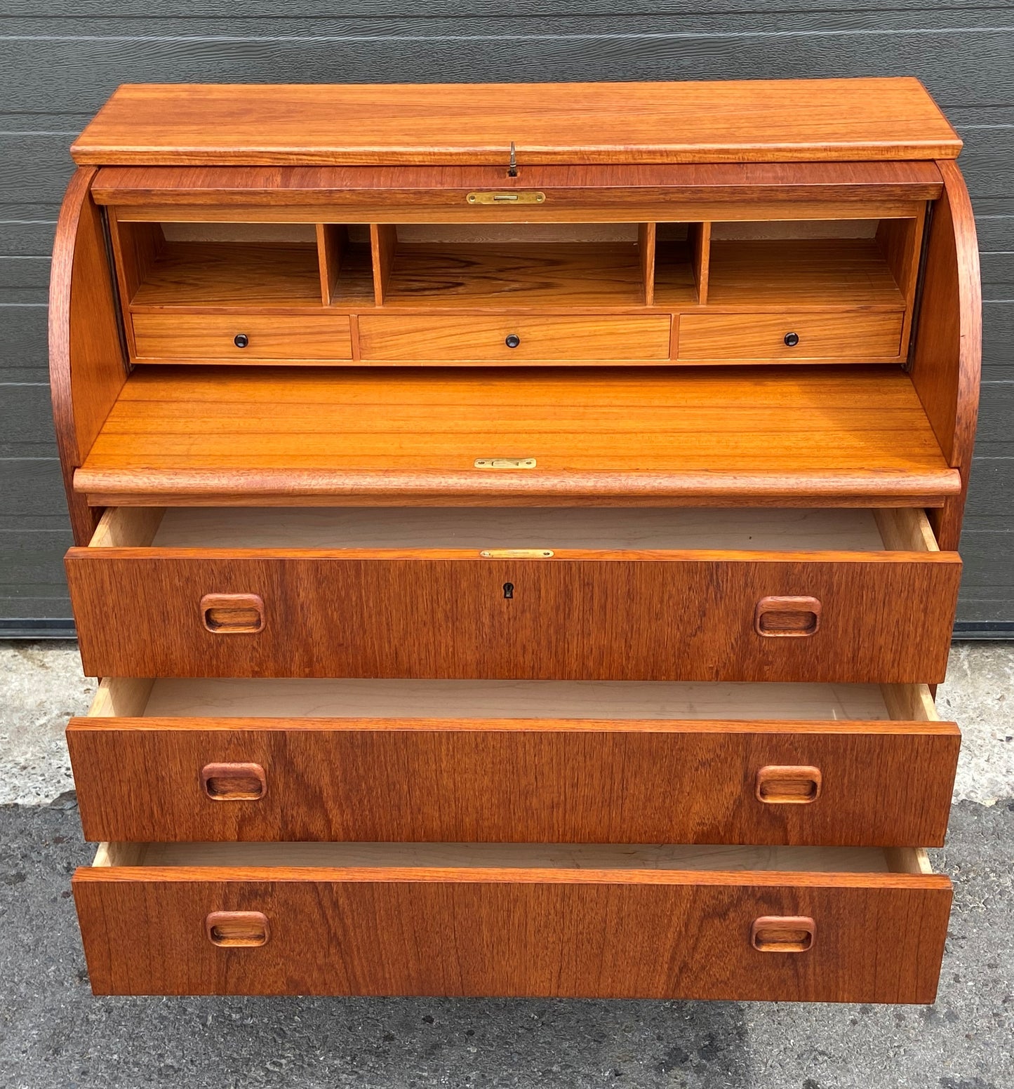 REFINISHED Swedish Mid Century Modern Teak Roll Top Secretary Desk 35", Perfect