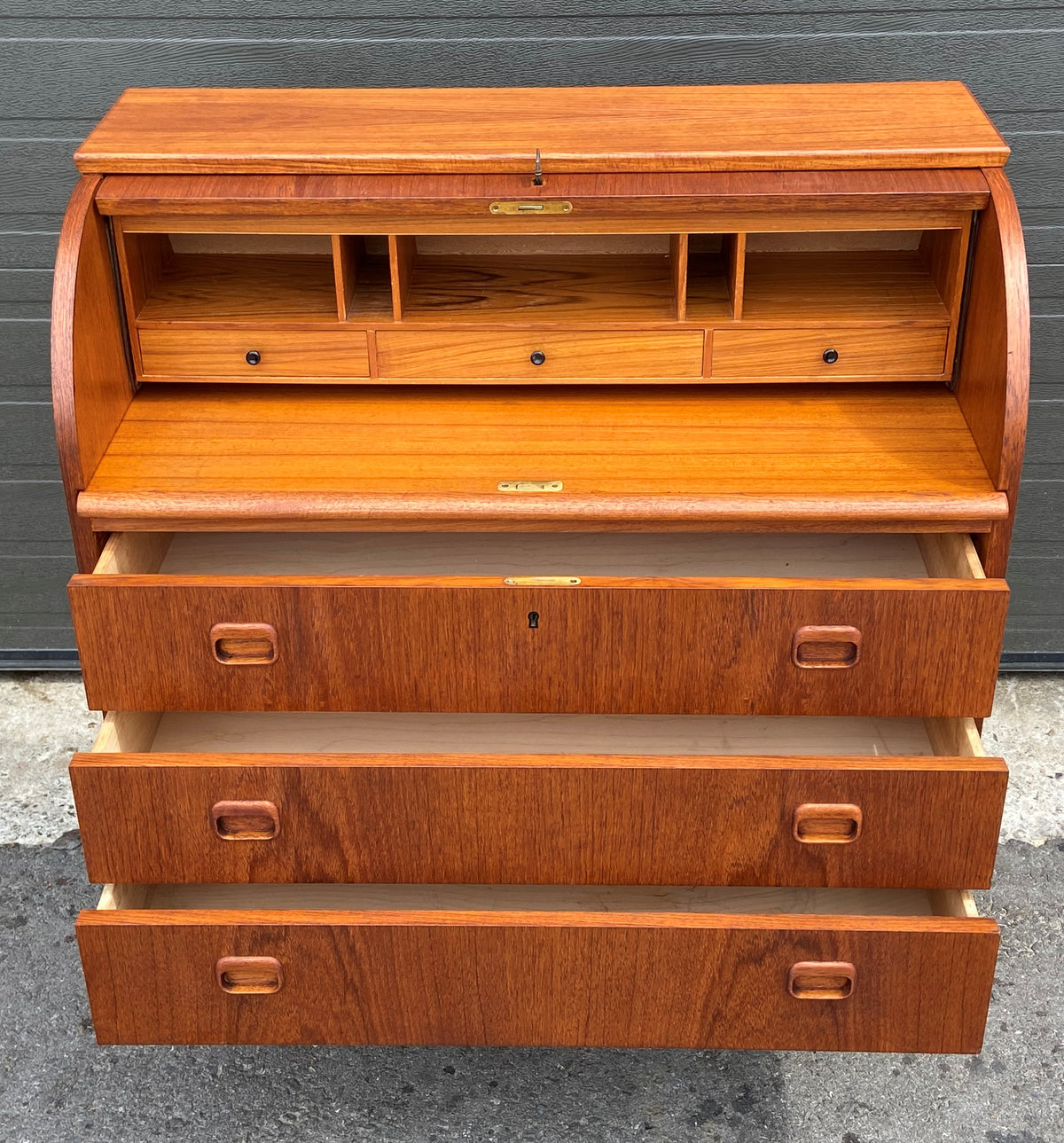 REFINISHED Swedish Mid Century Modern Teak Roll Top Secretary Desk 35