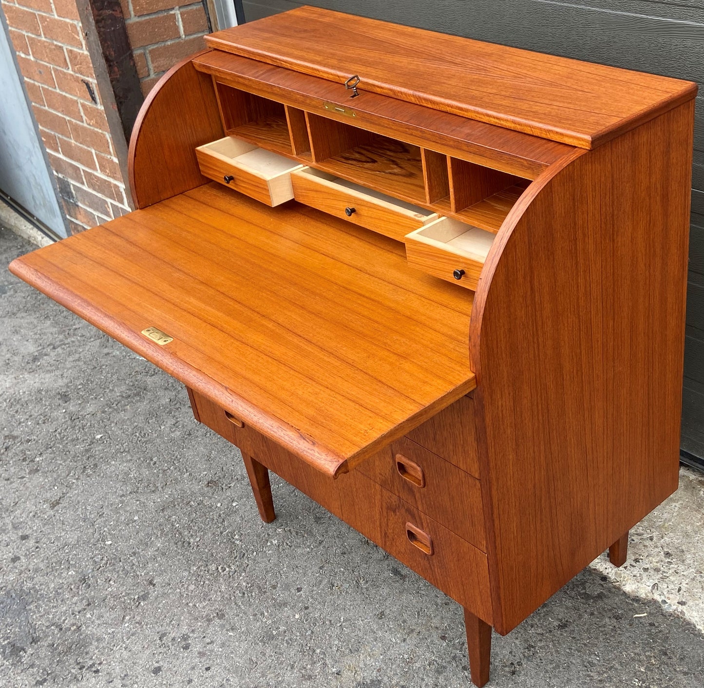 REFINISHED Swedish Mid Century Modern Teak Roll Top Secretary Desk 35", Perfect