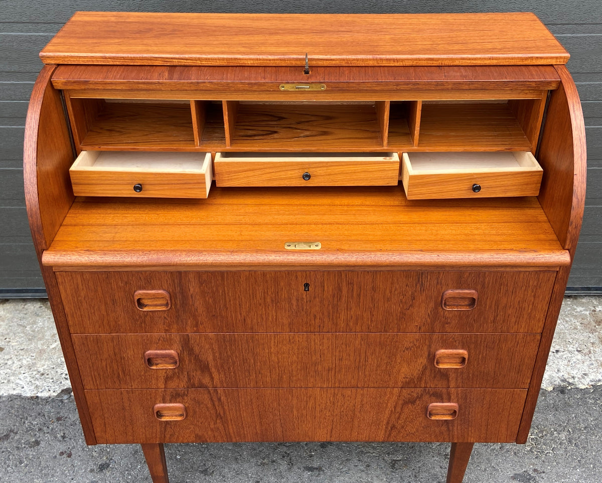 REFINISHED Swedish Mid Century Modern Teak Roll Top Secretary Desk 35