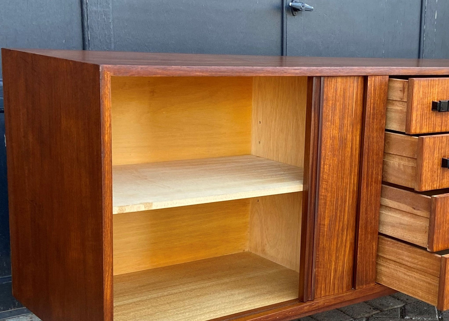 REFINISHED MCM Teak Sideboard with tambour doors by RS Associates 78"