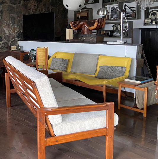 REFINISHED REUPHOLSTERED Danish MCM Solid Teak Sofa, Perfect