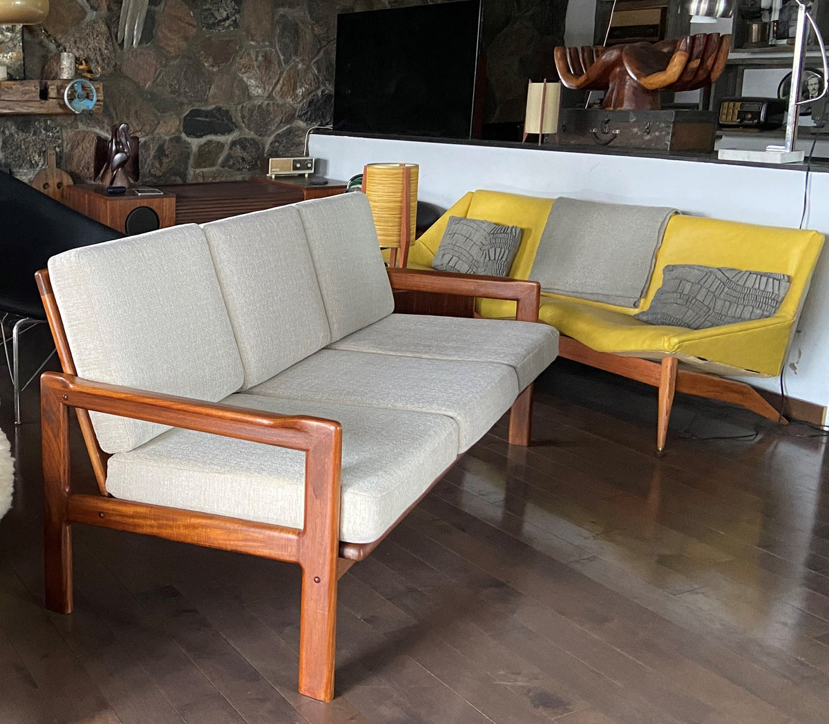 REFINISHED REUPHOLSTERED Danish MCM Solid Teak Sofa, Perfect