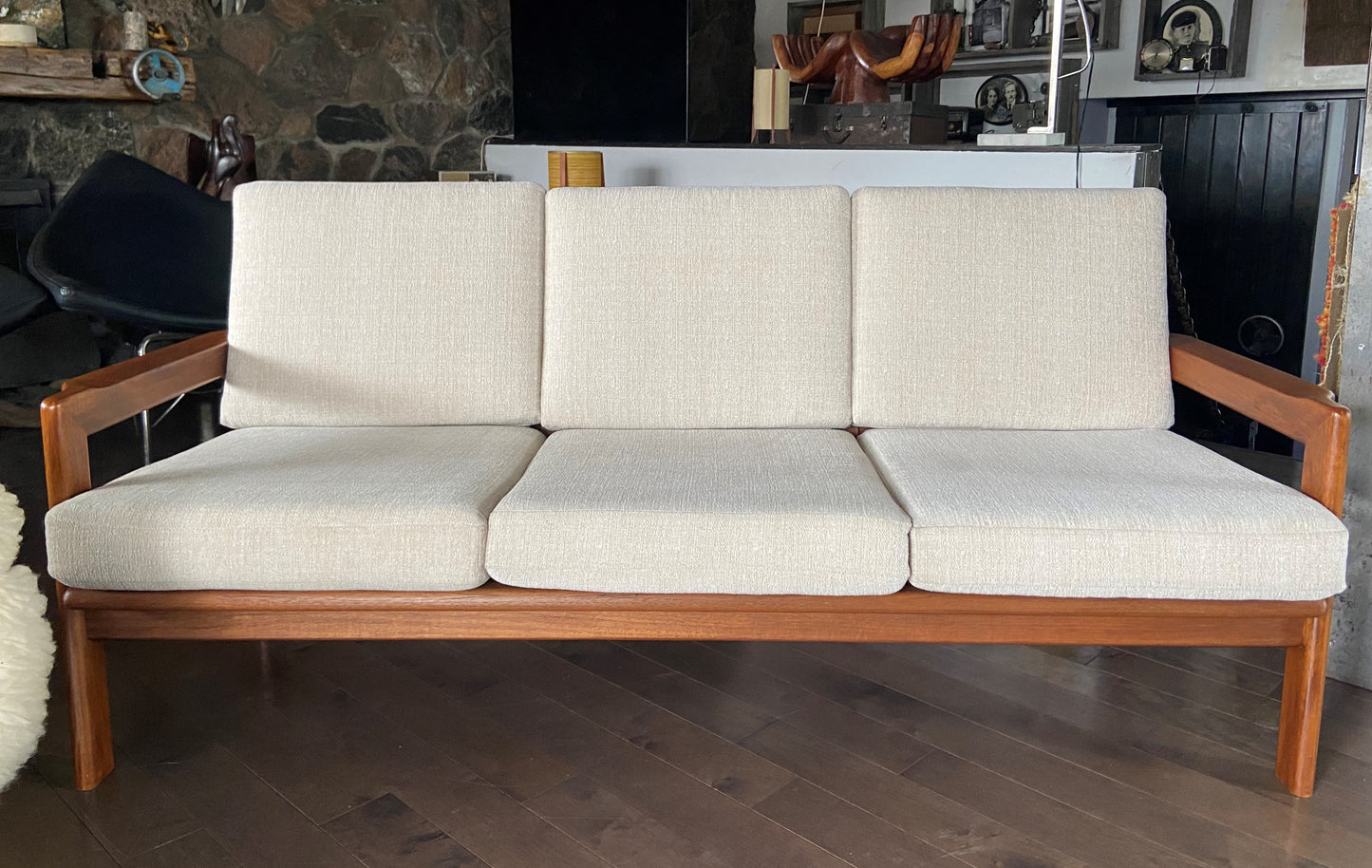 REFINISHED REUPHOLSTERED Danish MCM Solid Teak Sofa, Perfect
