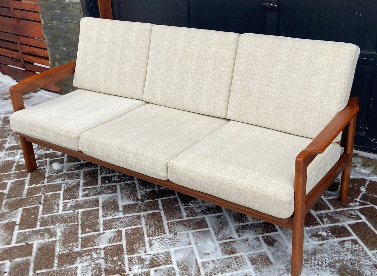 REFINISHED REUPHOLSTERED Danish MCM Solid Teak Sofa, Perfect