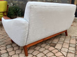 REFINISHED & REUPHOLSTERED in Maharam MCM Teak Loveseat & Armchair by Huber, Perfect 9
