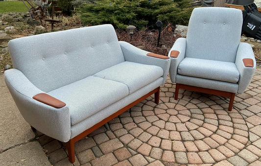 REFINISHED & REUPHOLSTERED in Maharam MCM Teak Loveseat & Armchair by Huber, Perfect