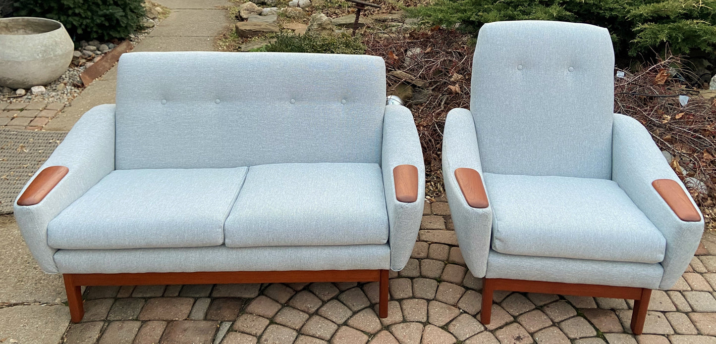 REFINISHED & REUPHOLSTERED in Maharam MCM Teak Loveseat & Armchair by Huber, Perfect