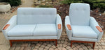 REFINISHED & REUPHOLSTERED in Maharam MCM Teak Loveseat & Armchair by Huber, Perfect 2