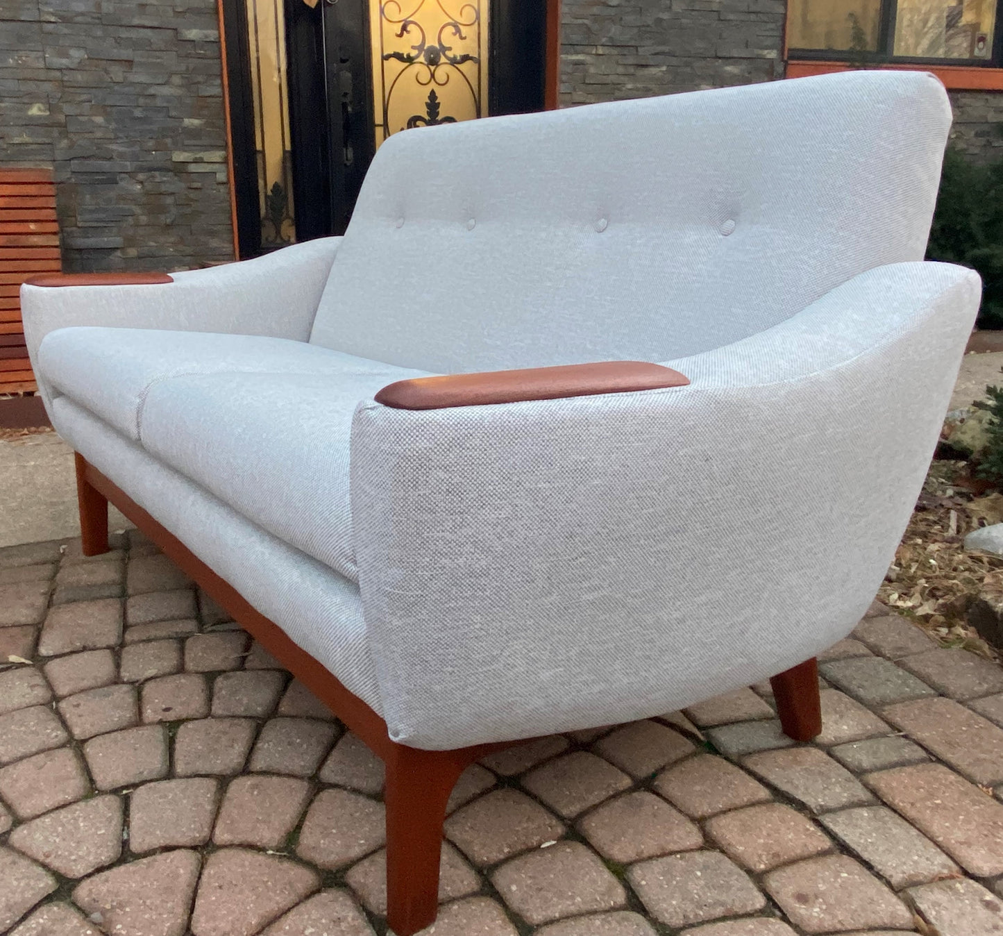 REFINISHED & REUPHOLSTERED in Maharam MCM Teak Loveseat & Armchair by Huber, Perfect