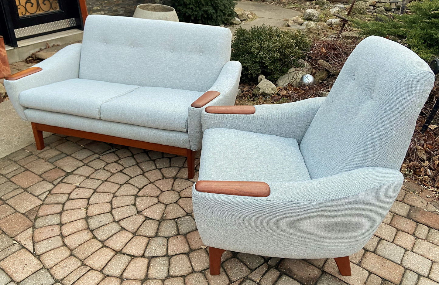 REFINISHED & REUPHOLSTERED in Maharam MCM Teak Loveseat & Armchair by Huber, Perfect