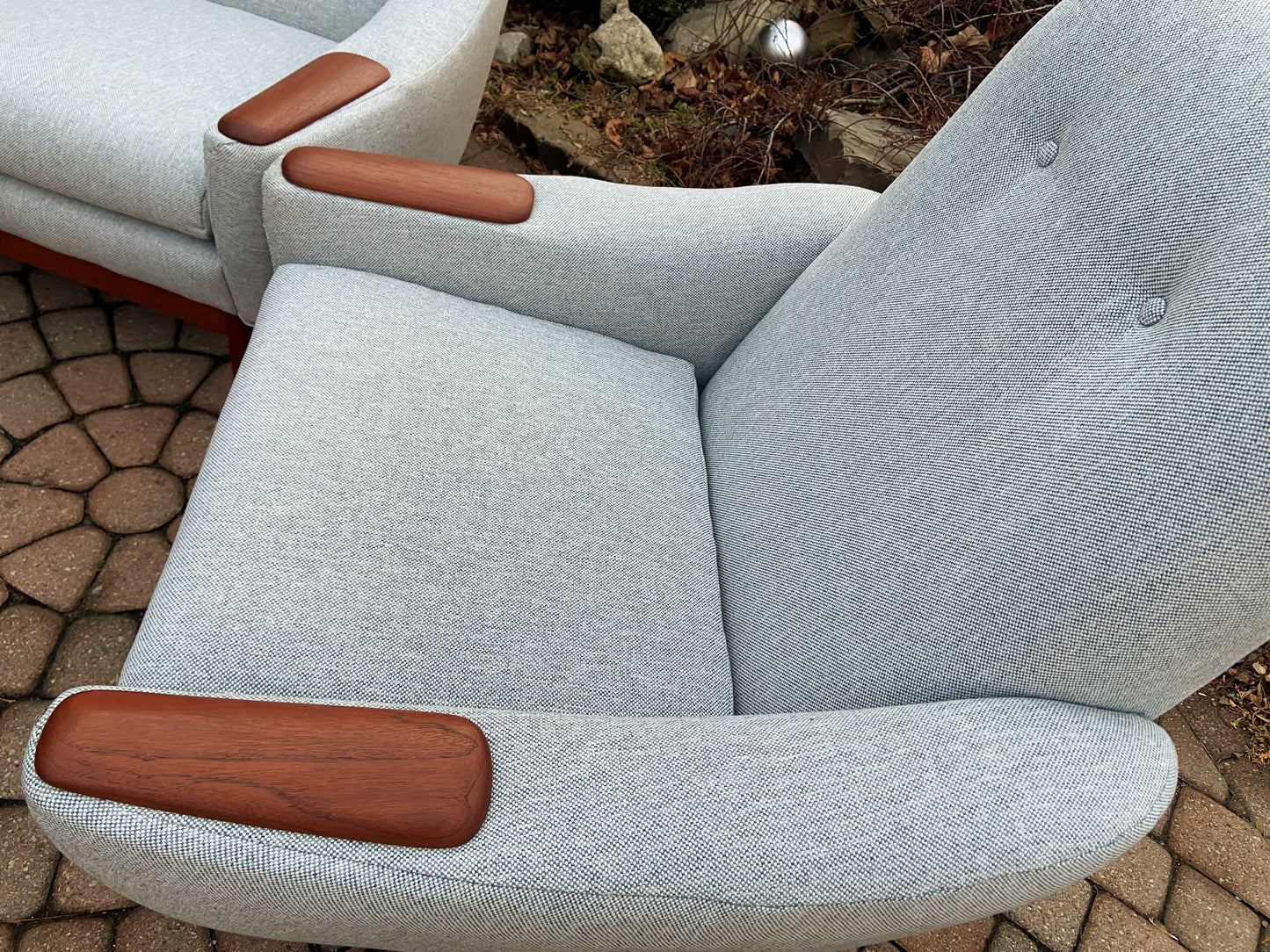 REFINISHED & REUPHOLSTERED in Maharam MCM Teak Loveseat & Armchair by Huber, Perfect