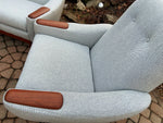 REFINISHED & REUPHOLSTERED in Maharam MCM Teak Loveseat & Armchair by Huber, Perfect 5