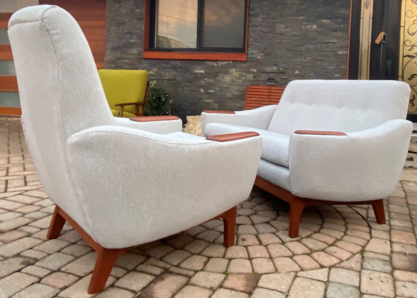 REFINISHED & REUPHOLSTERED in Maharam MCM Teak Loveseat & Armchair by Huber, Perfect