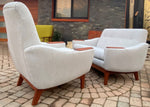 REFINISHED & REUPHOLSTERED in Maharam MCM Teak Loveseat & Armchair by Huber, Perfect 6