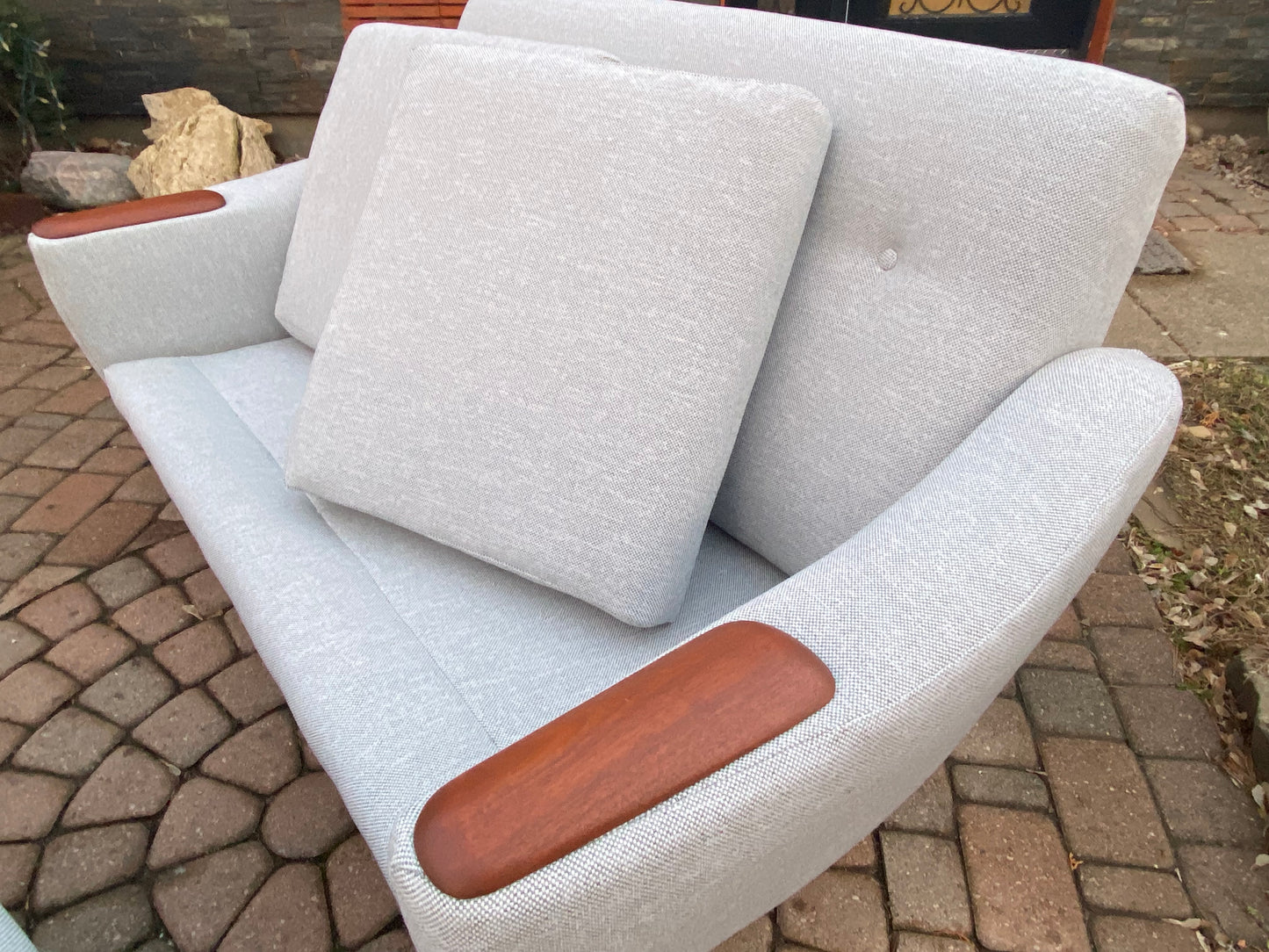 REFINISHED & REUPHOLSTERED in Maharam MCM Teak Loveseat & Armchair by Huber, Perfect