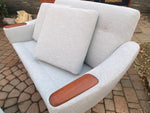 REFINISHED & REUPHOLSTERED in Maharam MCM Teak Loveseat & Armchair by Huber, Perfect 7