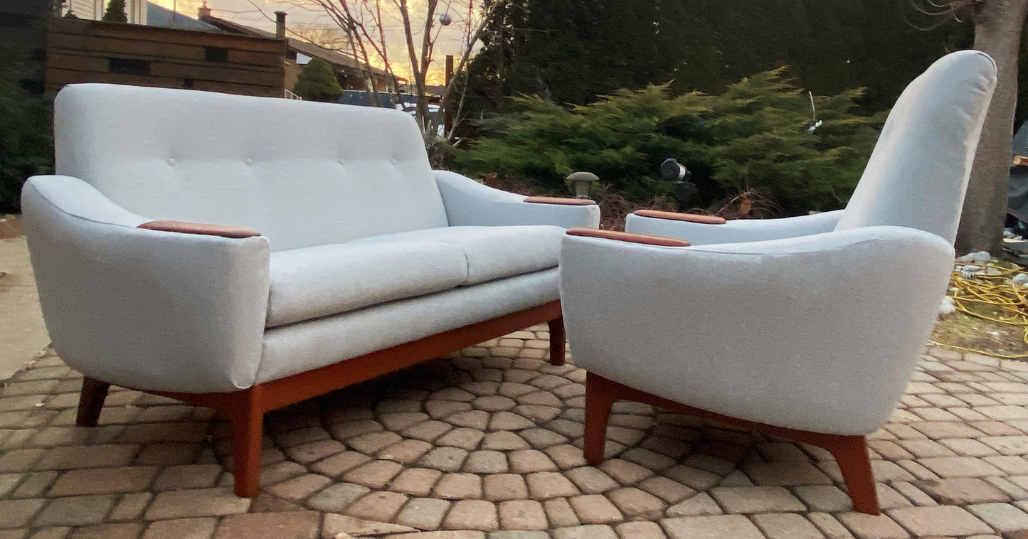 REFINISHED & REUPHOLSTERED in Maharam MCM Teak Loveseat & Armchair by Huber, Perfect