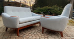 REFINISHED & REUPHOLSTERED in Maharam MCM Teak Loveseat & Armchair by Huber, Perfect 8
