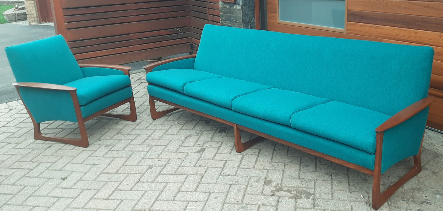 REFINISHED & REUPHOLSTERED in performance fabric Huber MCM Teak Sofa & Armchair