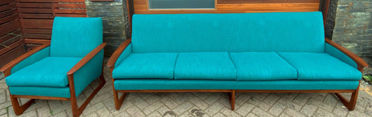 REFINISHED & REUPHOLSTERED in performance fabric Huber MCM Teak Sofa & Armchair