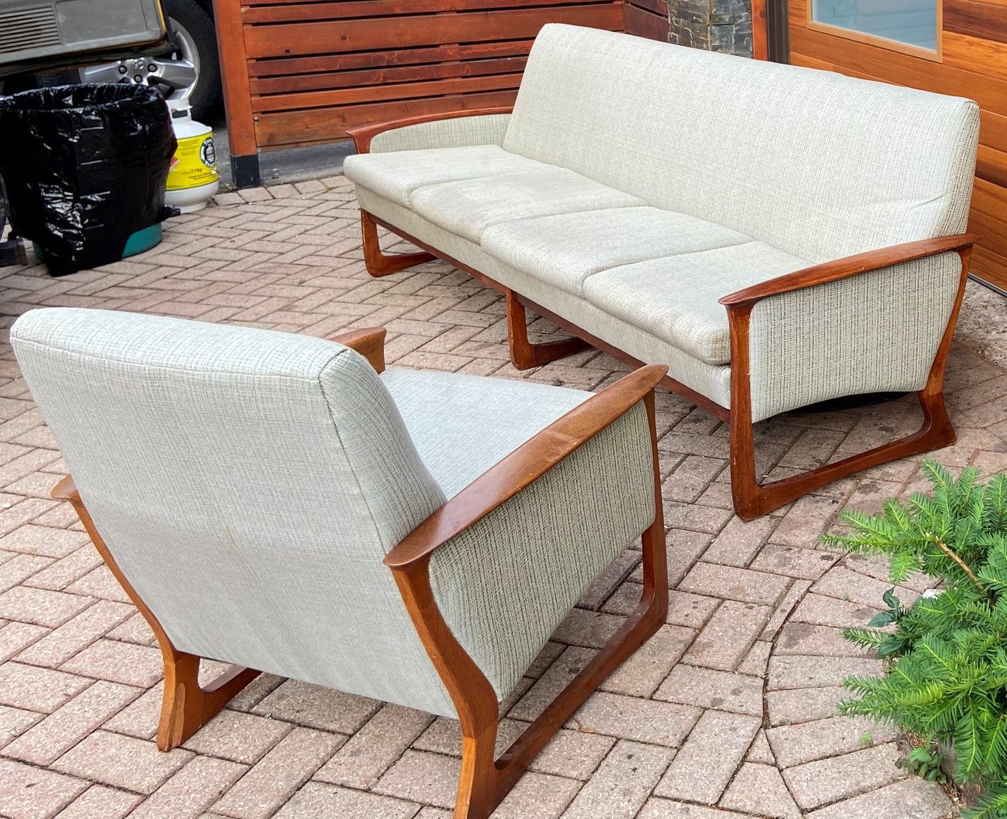 REFINISHED & REUPHOLSTERED in performance fabric Huber MCM Teak Sofa & Armchair