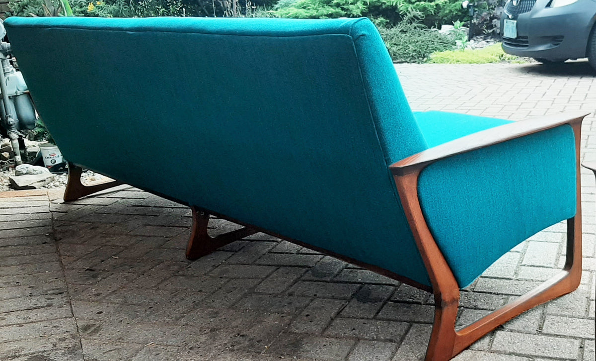 REFINISHED & REUPHOLSTERED in performance fabric Huber MCM Teak Sofa & Armchair