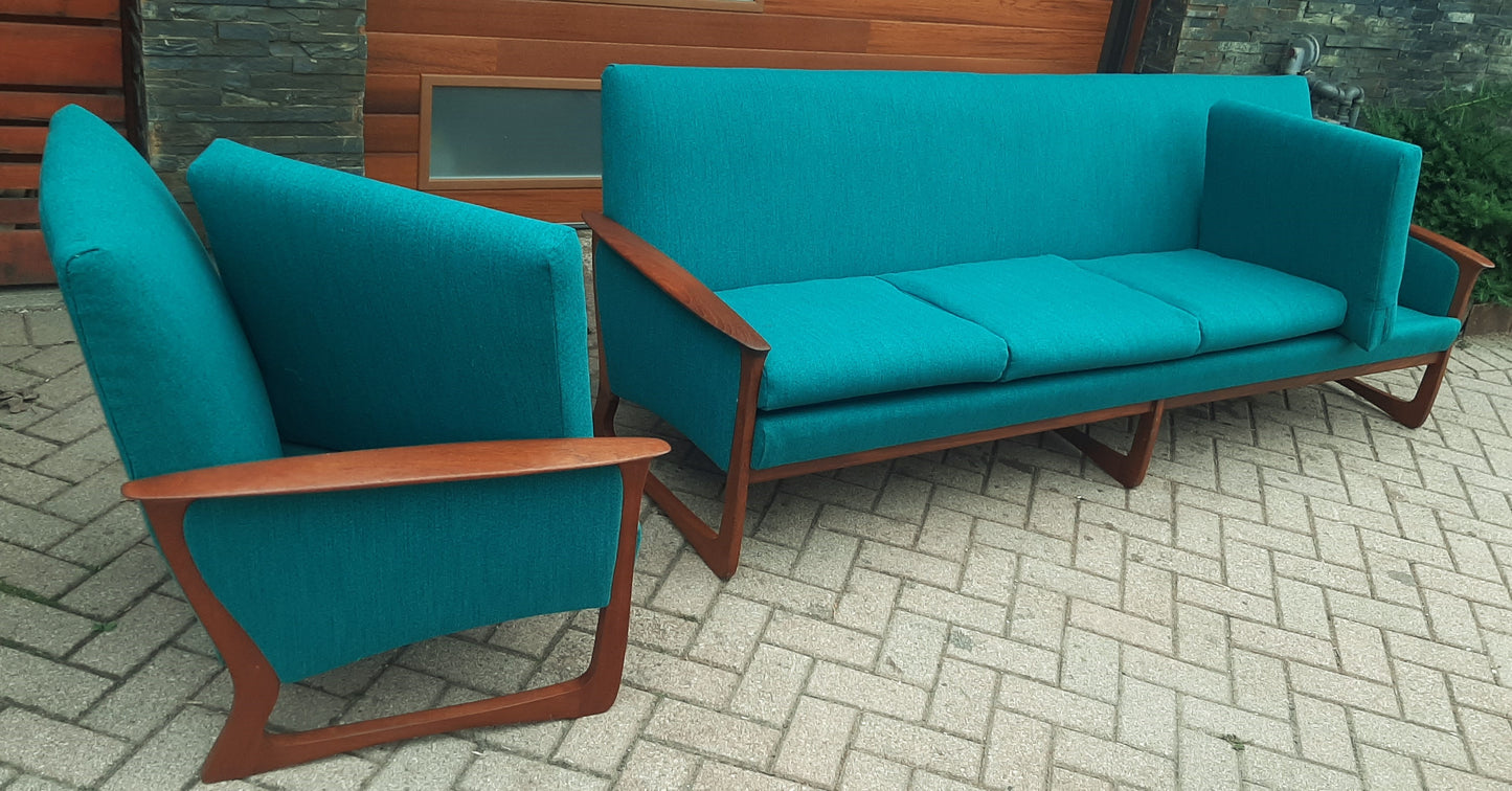 REFINISHED & REUPHOLSTERED in performance fabric Huber MCM Teak Sofa & Armchair