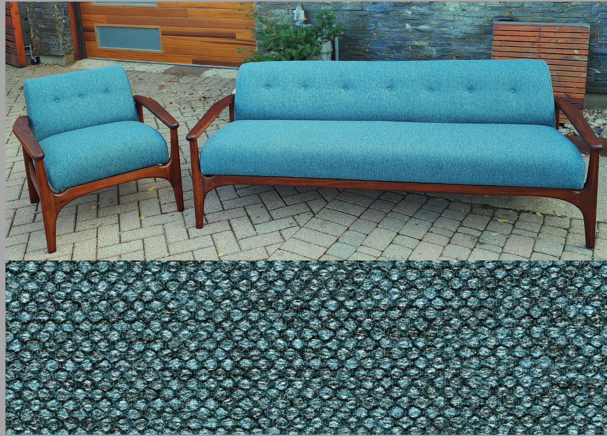 REFINISHED REUPHOLSTERED in Green Teal Mid Century Modern Teak Sofa 78