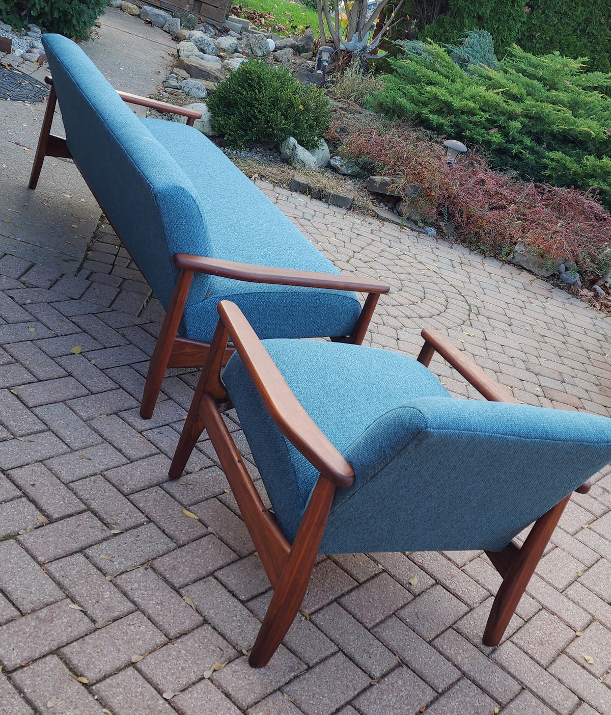 REFINISHED REUPHOLSTERED in Green Teal Mid Century Modern Teak Sofa 78