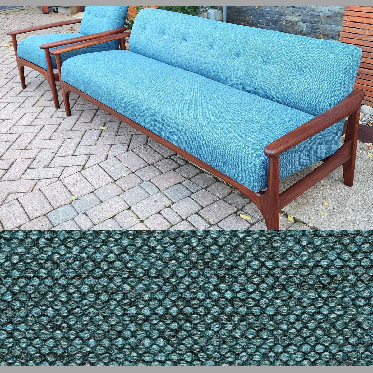 REFINISHED REUPHOLSTERED in Green Teal Mid Century Modern Teak Sofa 78
