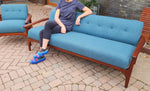 REFINISHED REUPHOLSTERED in Green Teal Mid Century Modern Teak Sofa 78